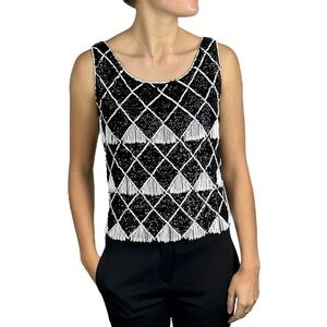 VINTAGE 1960'S BEADED DIAMOND LATTICE FRINGE HONG KONG WOOL KNIT EVENING TANK